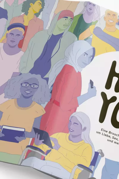Illustration of a brochure with colorful illustrations of many different people, title text \