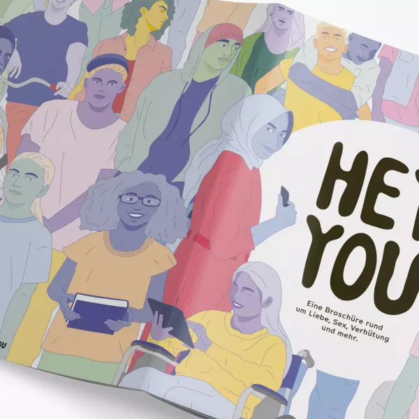 Illustration of a brochure with colorful illustrations of many different people, title text \