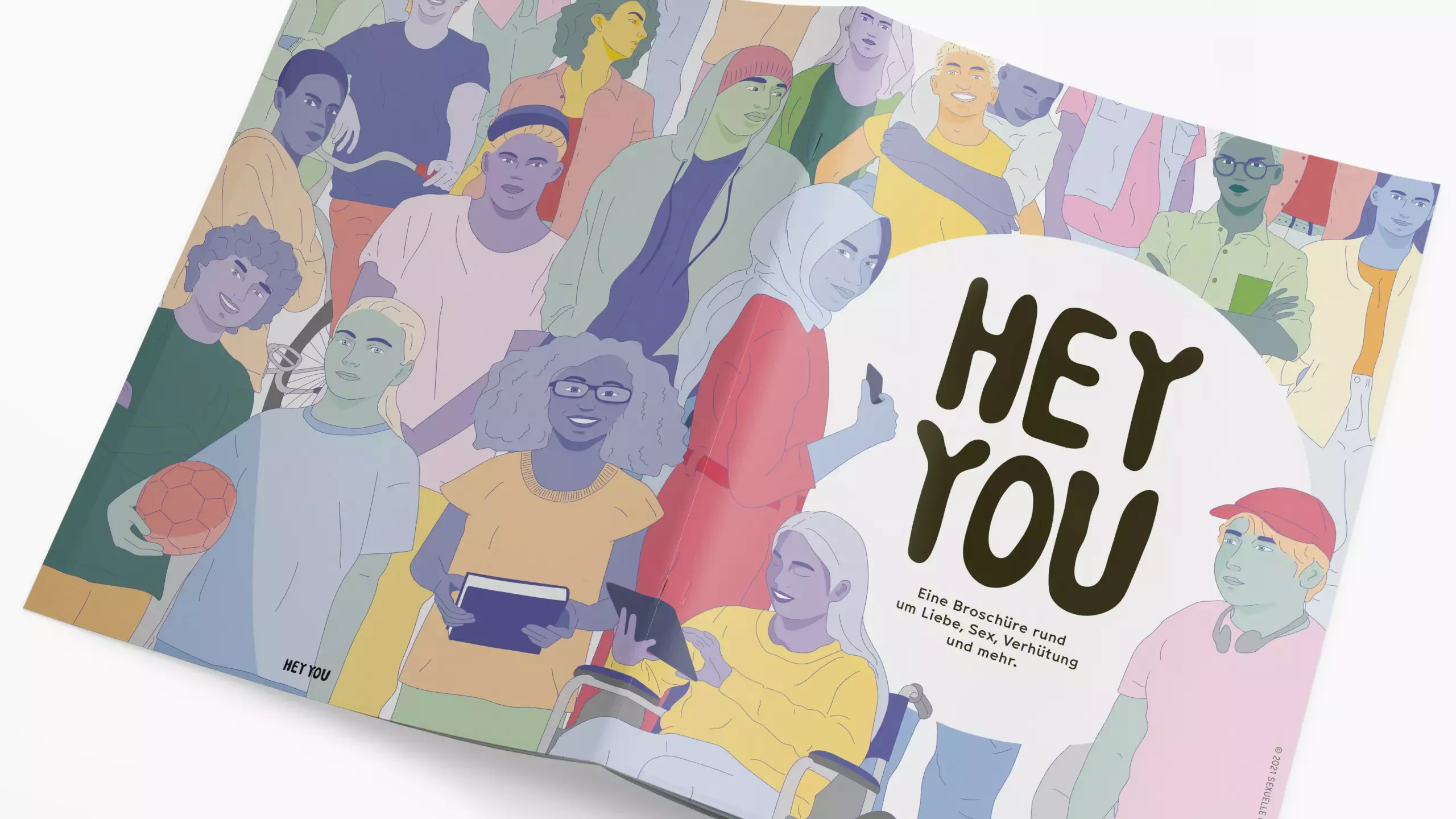 Illustration of a brochure with colorful illustrations of many different people, title text \