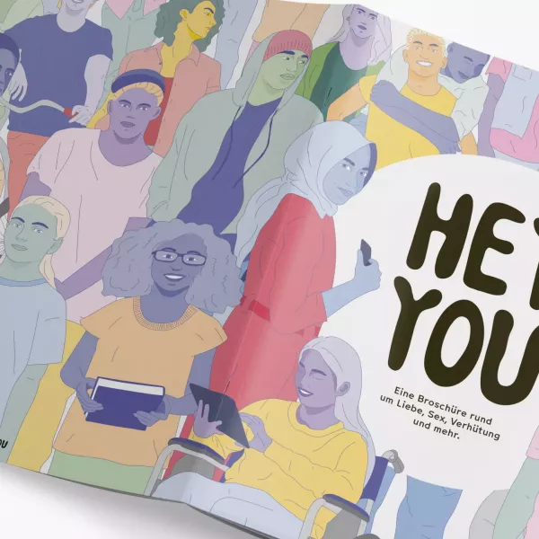 Illustration of a brochure with colorful illustrations of many different people, title text \
