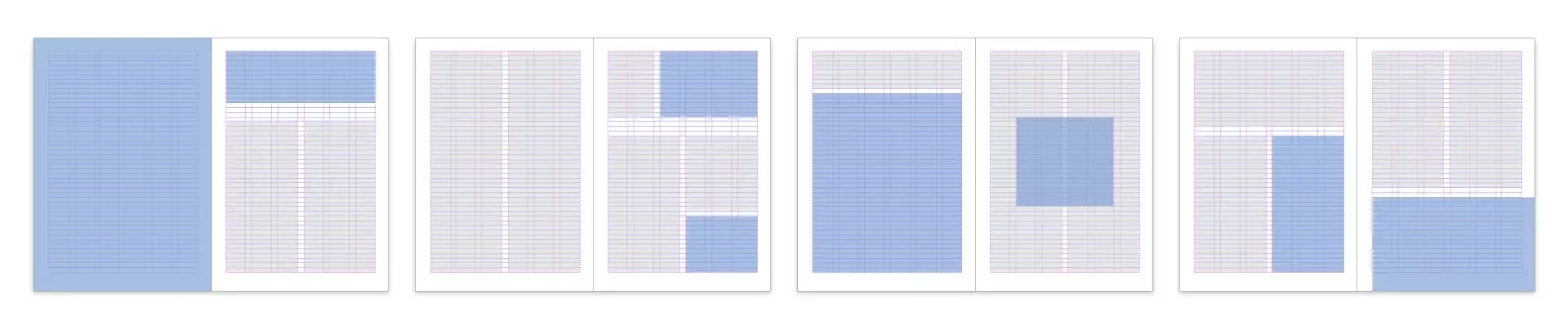 Grafische Darstellung eines Layout-Rasters für Broschürenseiten mit verschieden großen blau markierten Flächen