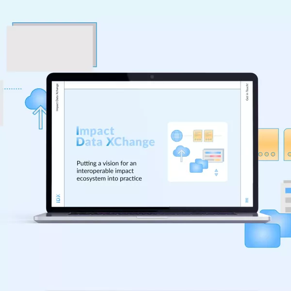 Open laptop on a light blue background with the Impact Data XChange home page, surrounded by icons representing files, data transfer, and a globe