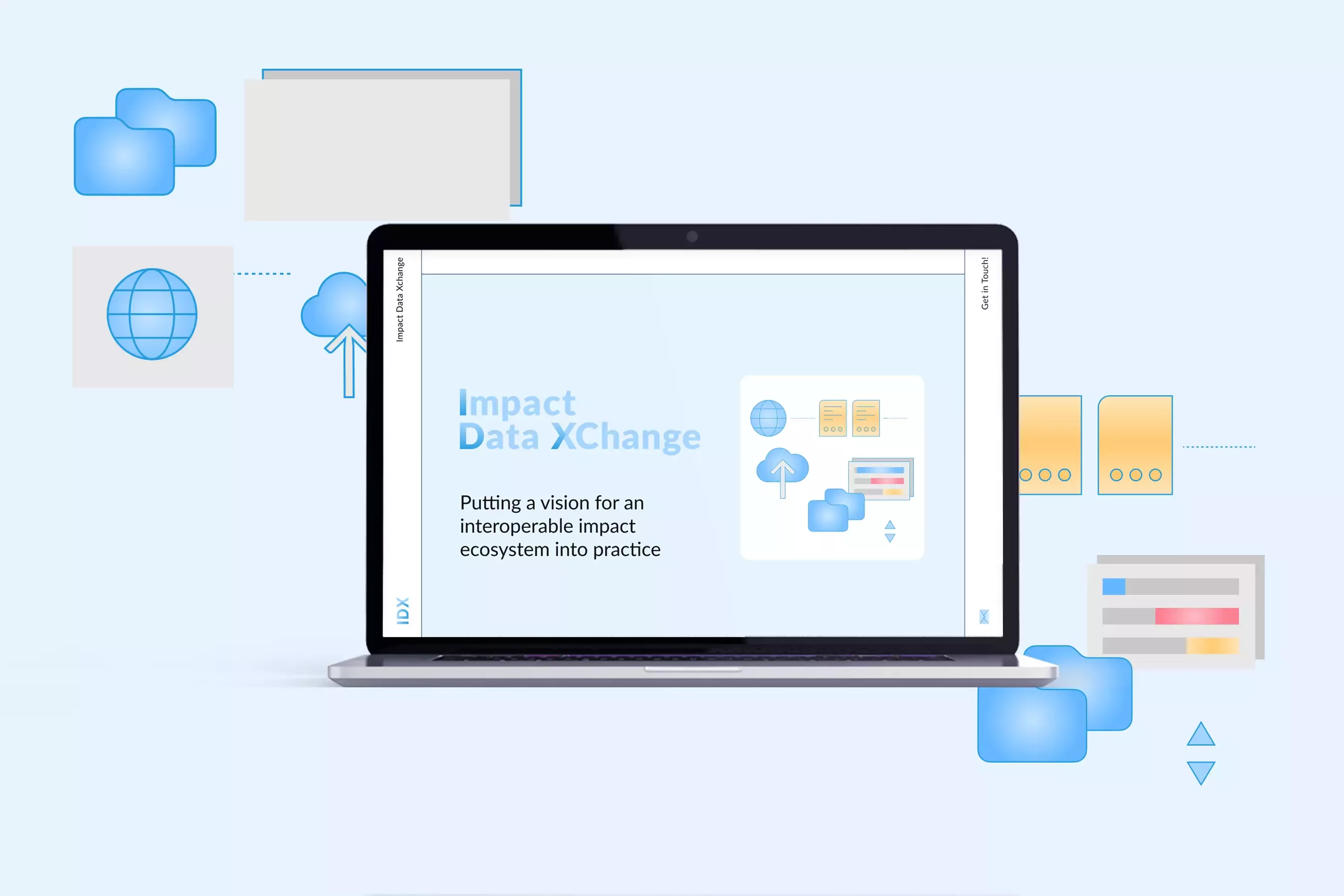 Aufgeklappter Laptop auf einem hellblauen Hintergrund mit der Startseite von „Impact Data XChange“, umgeben von Icons, die Dateien, Datentransfer und eine Weltkugel darstellen