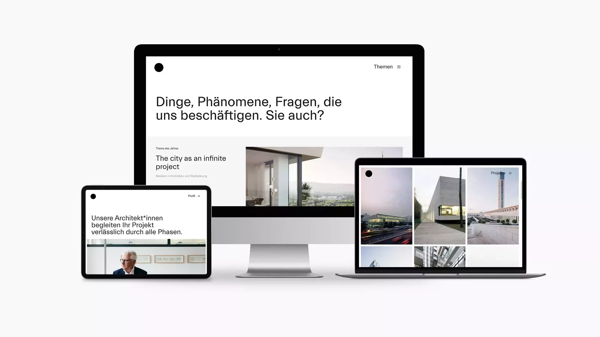 Laptop, desktop PC, and tablet with different views of the KSP Engel Architekten website, including the home page, profile page, and a project page