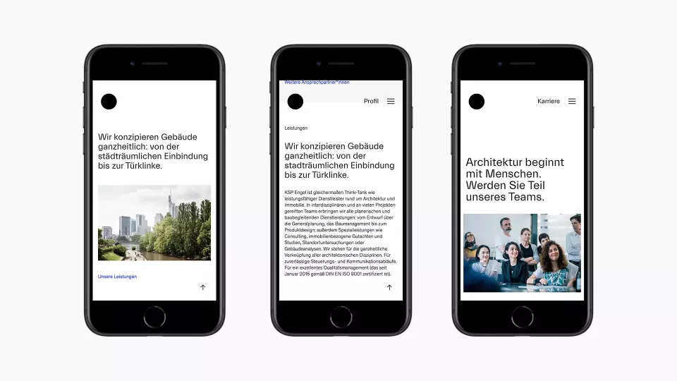 Three smartphones side by side, displaying the KSP Engel Architekten website. The screens show the home page, the services page, and the careers page
