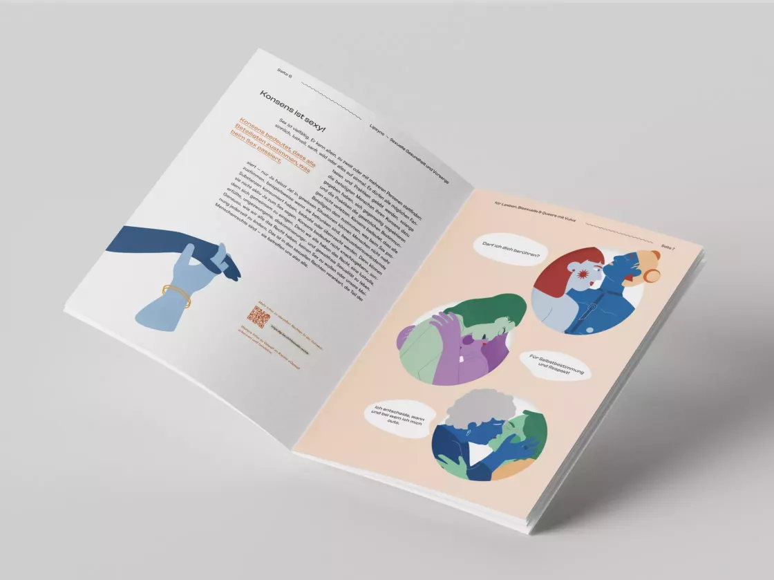 Open magazine on a light gray background with a chapter on consensus, illustration of a gloved hand on the left, colorful drawings of couples with speech bubbles expressing agreement on the right