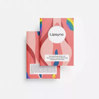 Vorder- und Rückseite des rosa Flyer mit abstrakter vulvaähnlicher Illustration und Regenbogenakzenten, Aufschrift \