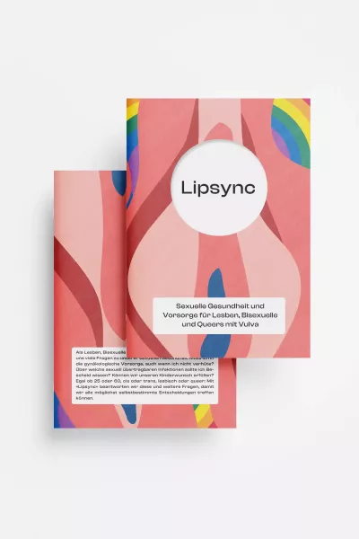 Front and back of pink flyer with abstract vulva-like illustration and rainbow accents, \