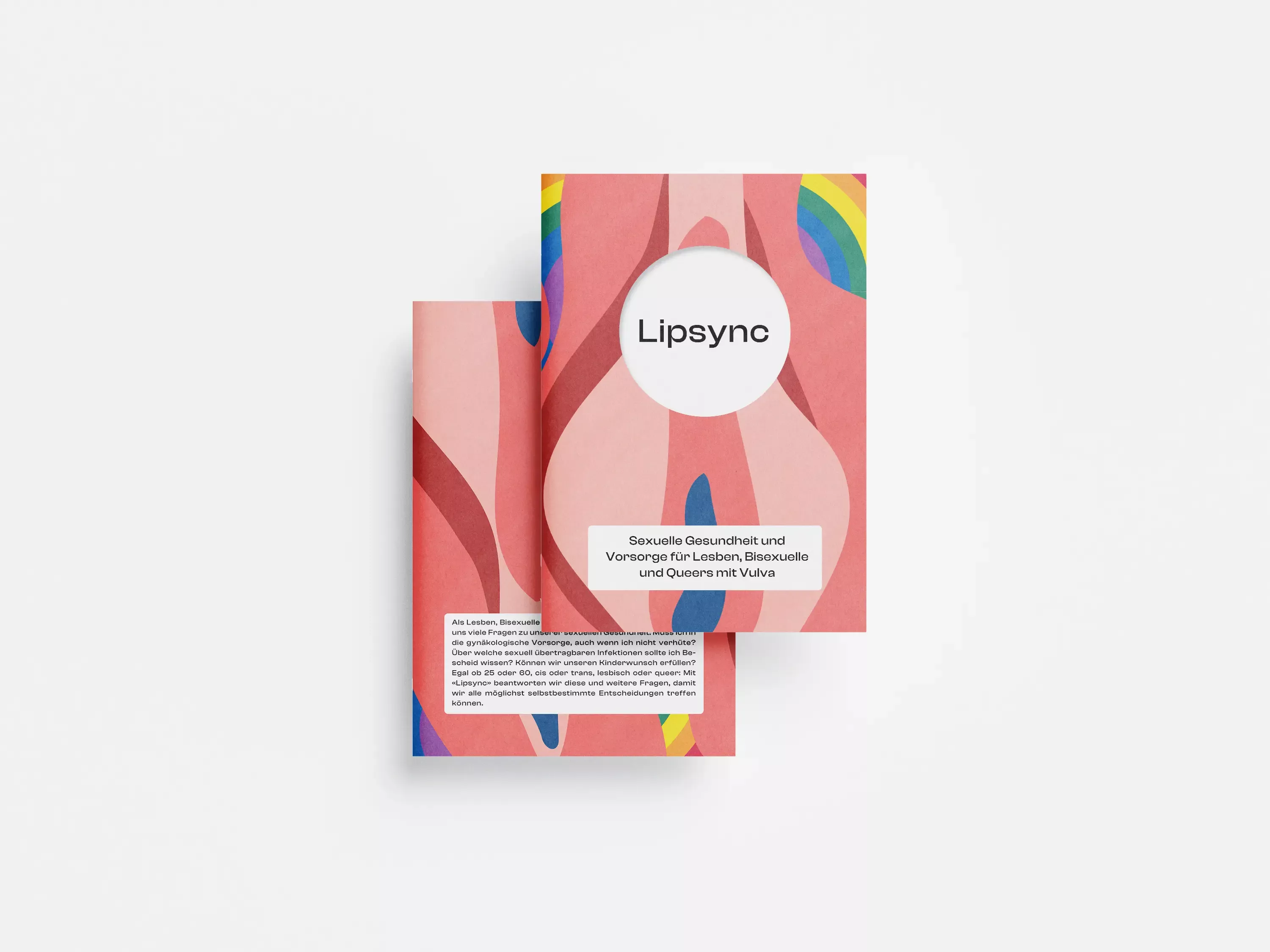 Front and back of pink flyer with abstract vulva-like illustration and rainbow accents, \