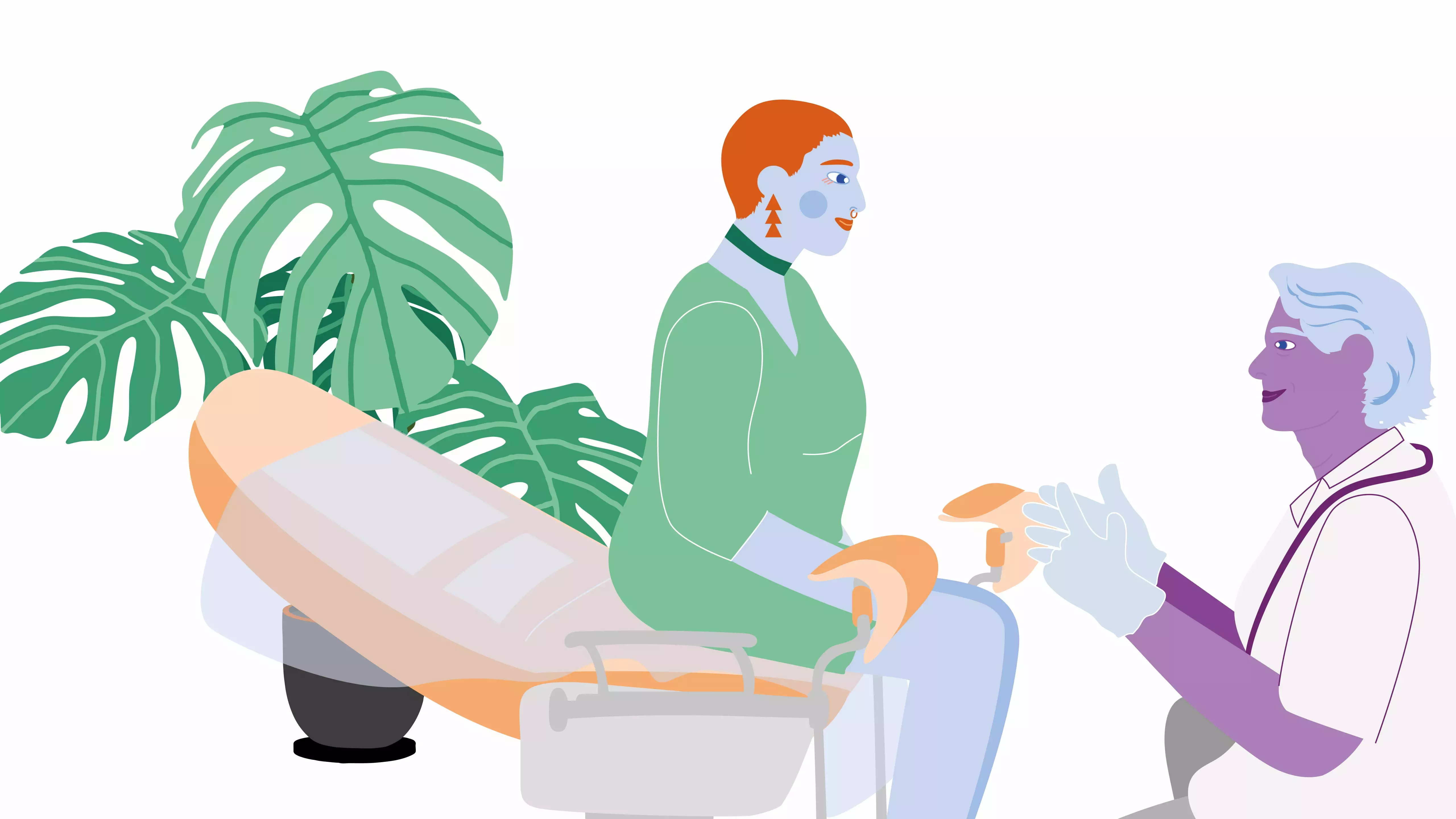 Illustration of a person on a gynecological examination chair talking to a medical professional, with a large green plant in the background