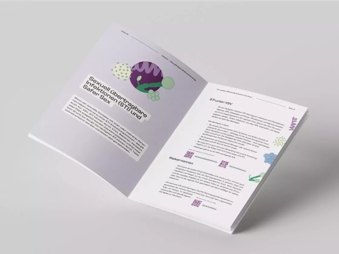 Open magazine on a light gray background with chapters on sexually transmitted infections and safer sex, with illustrative graphics in green and purple and explanatory text