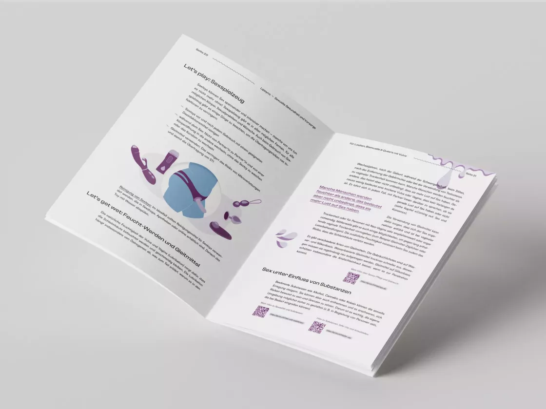 Aufgeschlagenes Heft mit Texten zu Sexspielzeug, Illustrationen von Sexspielzeug und grafischen Elementen in Lila und Blau
