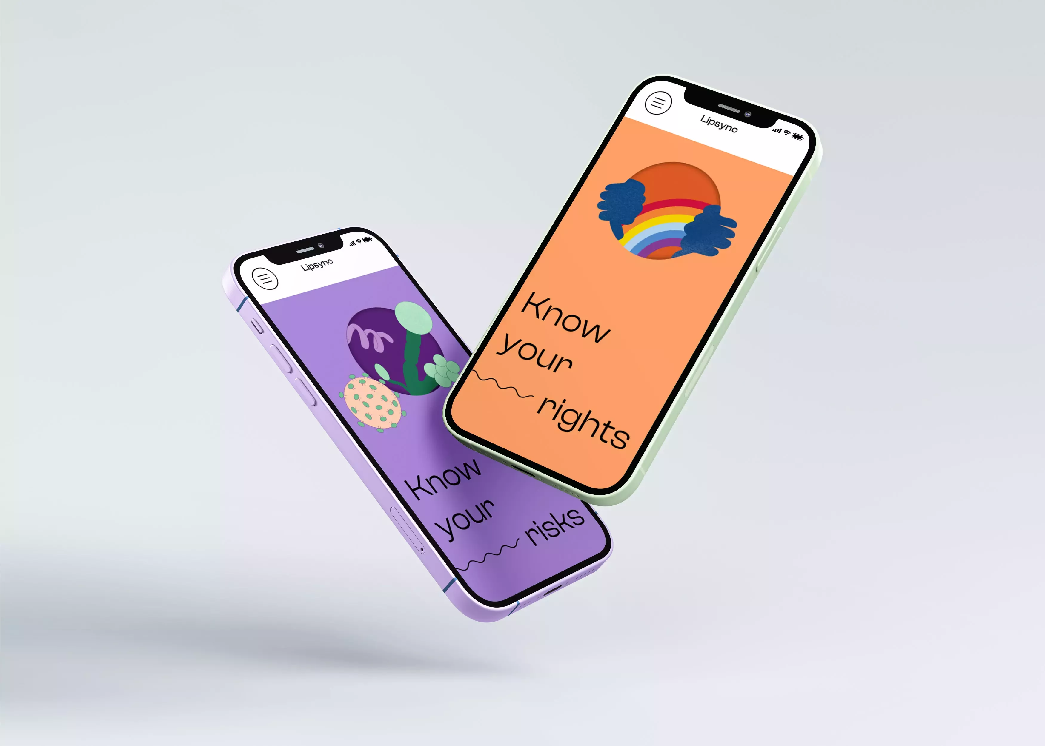 Zwei schwebende Smartphones auf hellgrauem Hintergrund mit geöffneter Lipsync-Webseite mit bunten Grafiken und Texte \