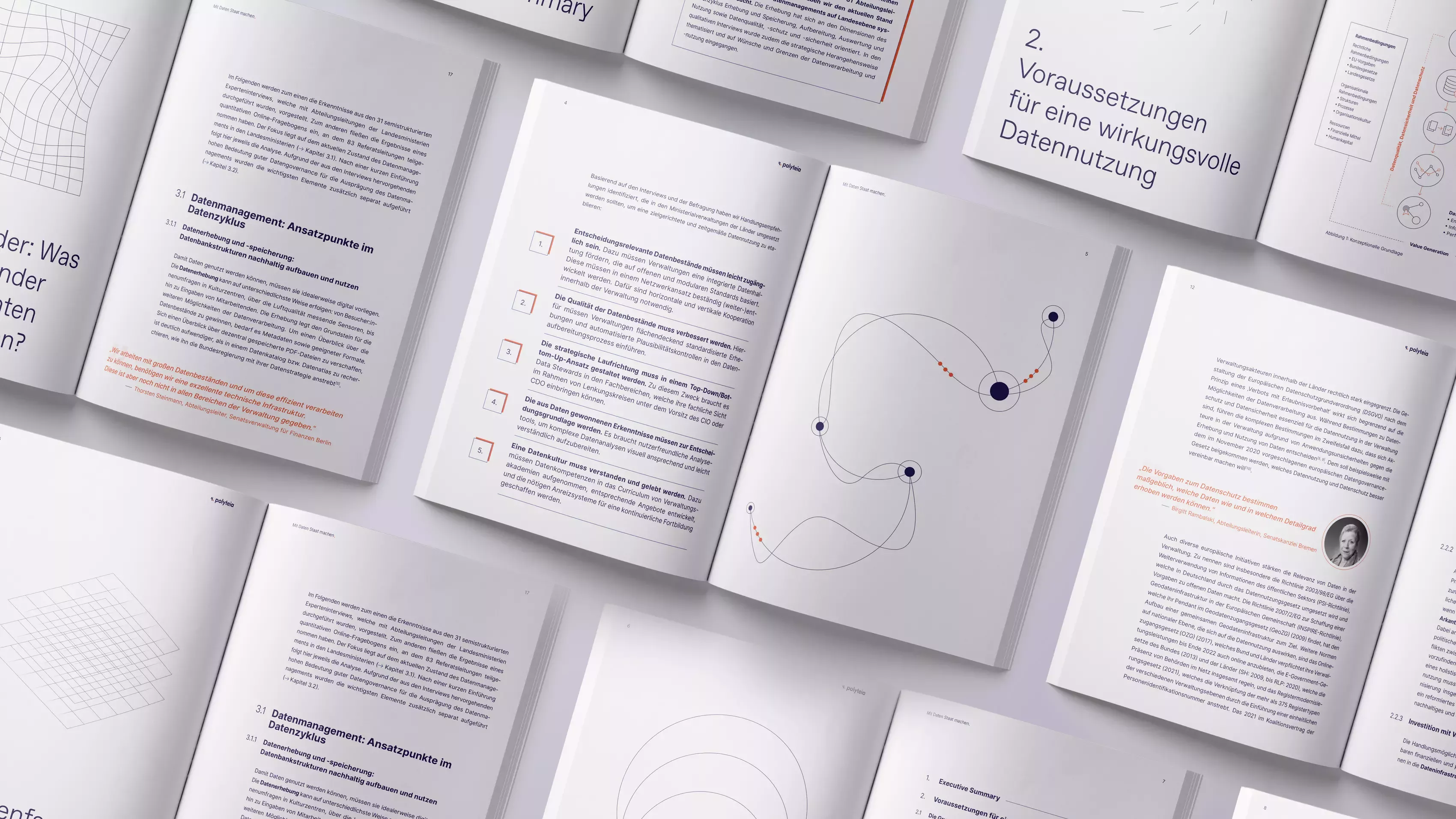 Mehrere aufgeschlagene Seiten der Publikation „Mit Daten Staat machen“ in einer Draufsicht, mit Textkapiteln, Infografiken und Illustrationen