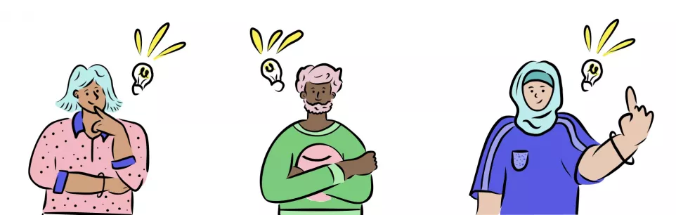 Drei bunt illustrierte Personen mit Glühbirnen über dem Kopf als Symbol für Ideen, jeweils in nachdenklicher Pose