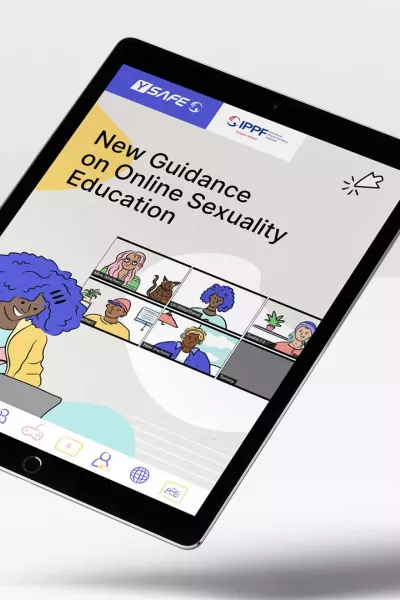 A floating tablet on a gray background displays the digital toolkit for comprehensive sexuality education