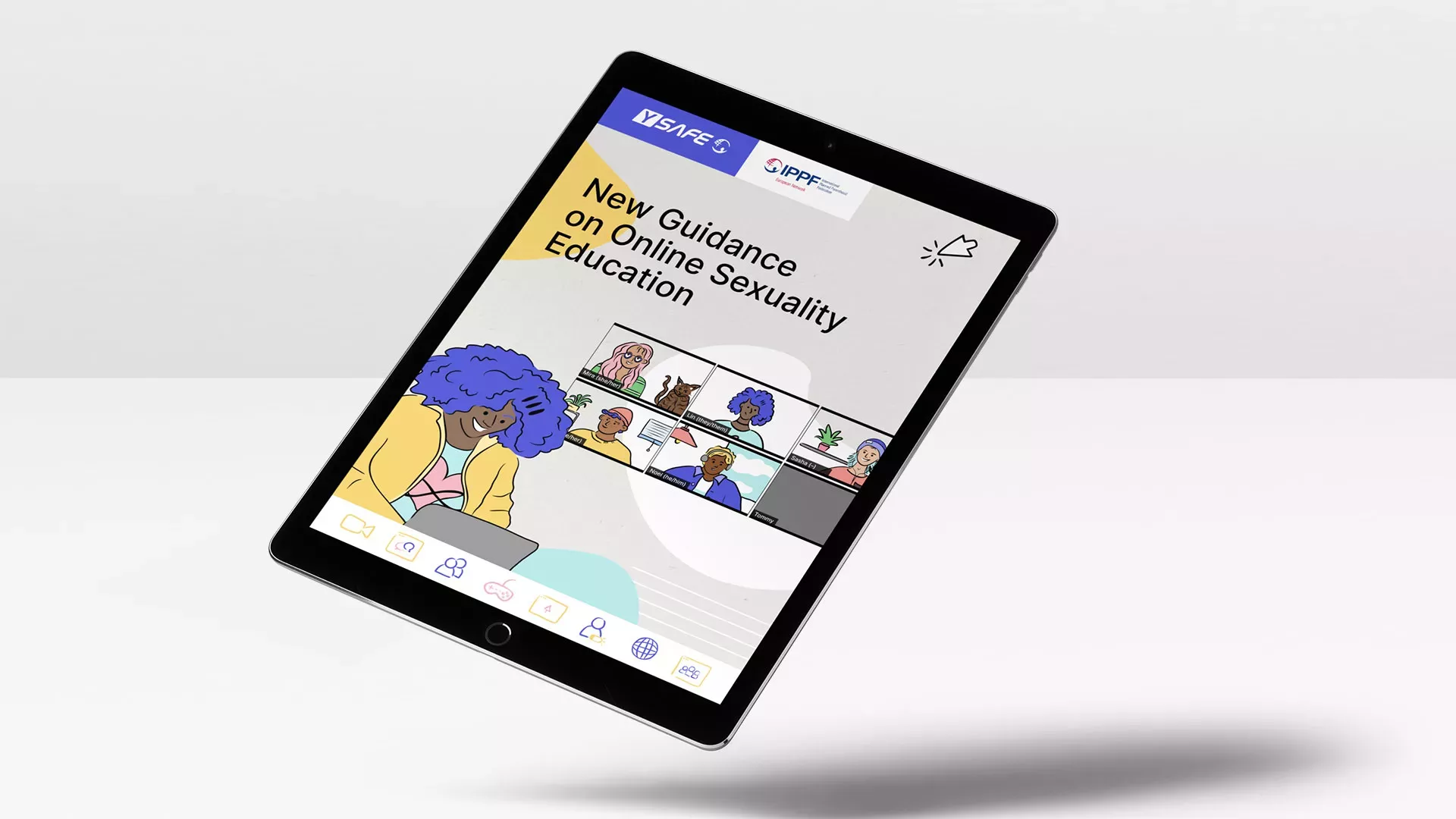 Ein schwebendes Tablet auf grauem Hintergrund zeigt das digitale Toolkit zur Comprehensive Sexuality Education