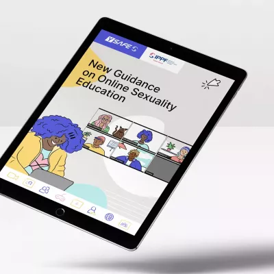 A floating tablet on a gray background displays the digital toolkit for comprehensive sexuality education