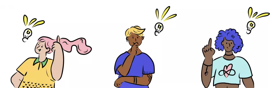 Drei bunt illustrierte Personen mit Glühbirnen über dem Kopf als Symbol für Ideen, jeweils in nachdenklicher Pose