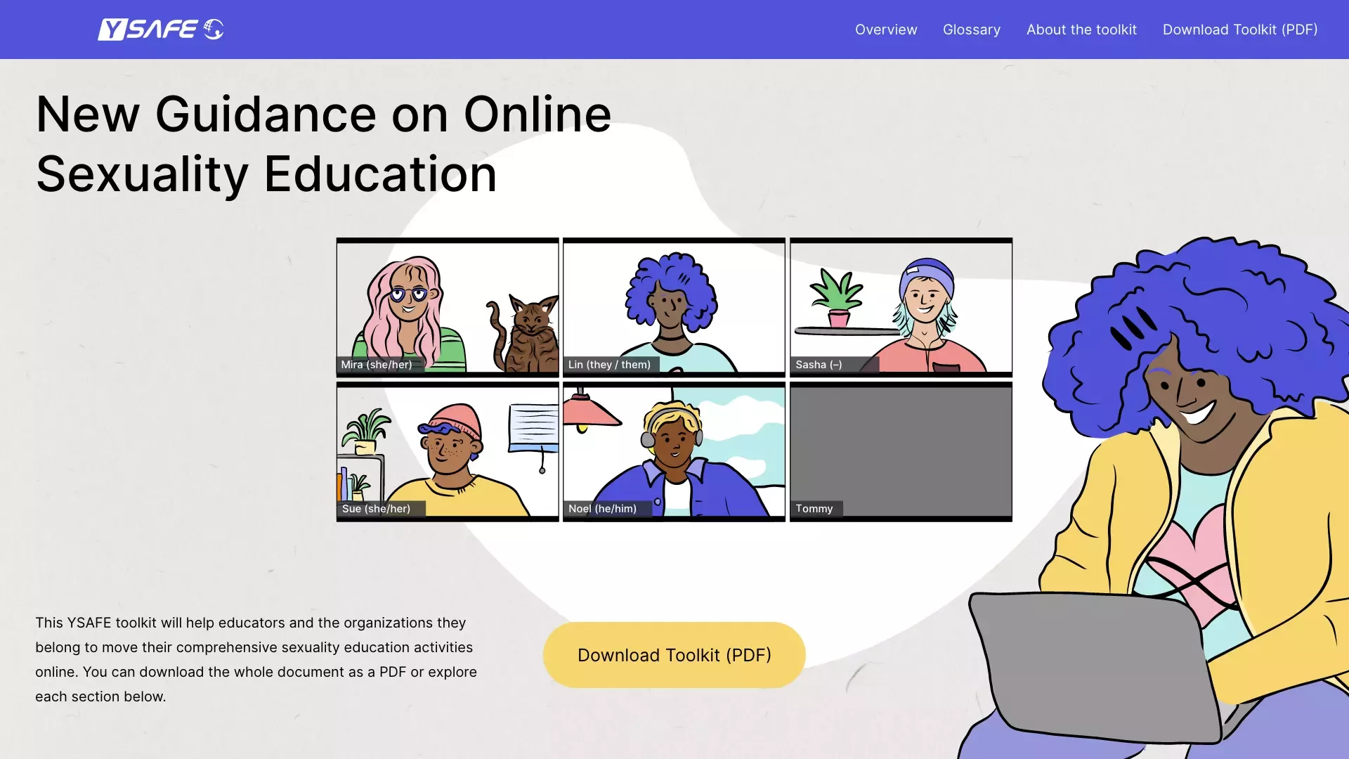 Screenshot der YSAFE Webseite mit Illustration einer Person mit blauen Haaren am Laptop, daneben Online-Meeting mit fünf Fenstern, darüber Text \