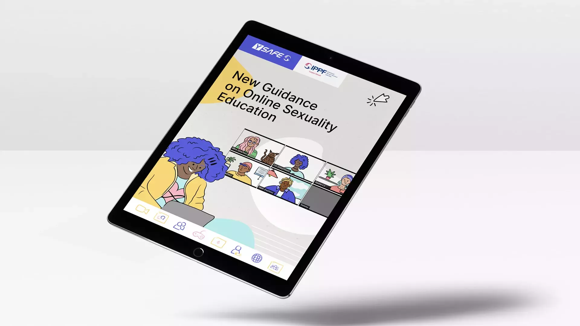 Cover of the toolkit on a tablet, light background, the tablet is floating