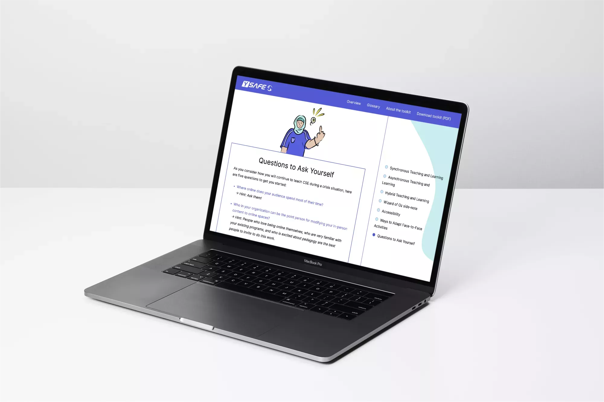 Aufgeklappter Laptop auf weißem Hintergrund zeigt Webseite von YSAFE mit Titel \