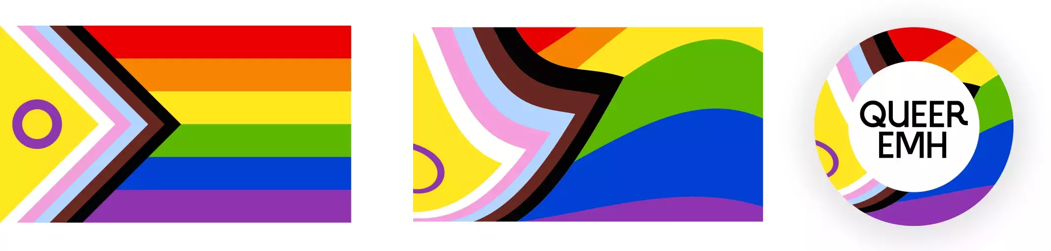 Three versions of the Progress flag: left standard design, center gradient, right round with “QUEER EMH” lettering