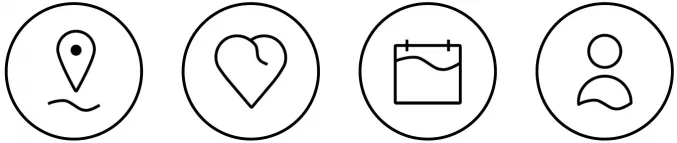 Four round icons in black: location pin, heart, calendar, person symbol