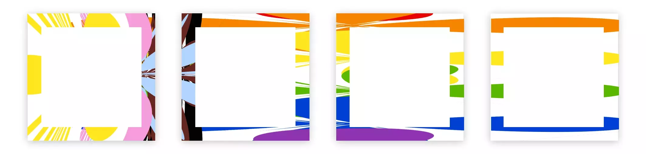 Four colorful square frames with elements and colors from the Progress flag and a white area in the center