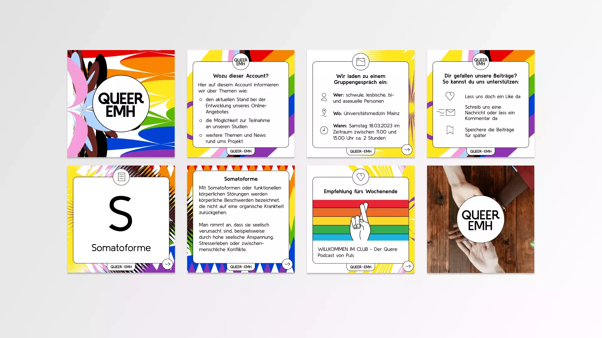 Acht Social-Media-Kacheln mit den Farben der Progress-Flagge in abstrakten Formen, Symbolen und Infos über den Kanal von \