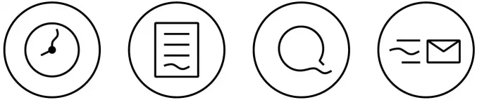 Four round icons in black: clock, document, speech bubble, letter with lines