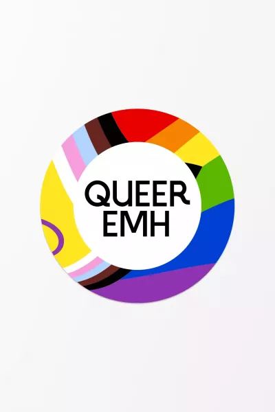 Rundes Logo in Progress-Flaggenfarben mit Schrift \