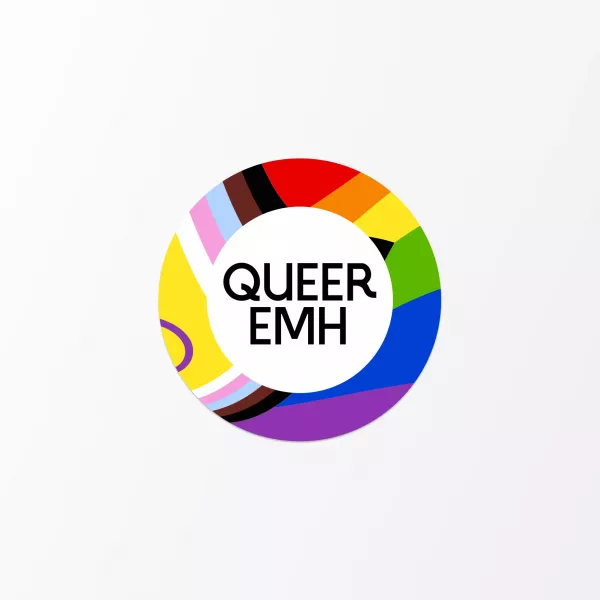 Round logo in Progress flag colors with “QUEER EMH” lettering in the center
