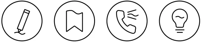 Four round icons in black: pen, flag, telephone receiver, light bulb