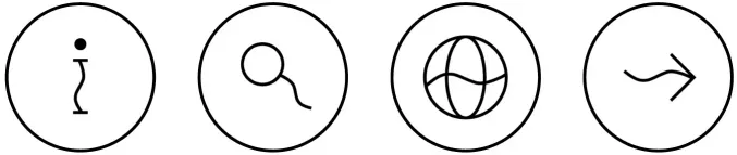Four round icons in black: info symbol, magnifying glass, globe, right arrow