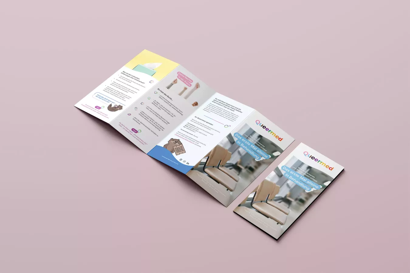 Opened flyer from Queermed on a pink background, with information and illustrations, title text on the front: \