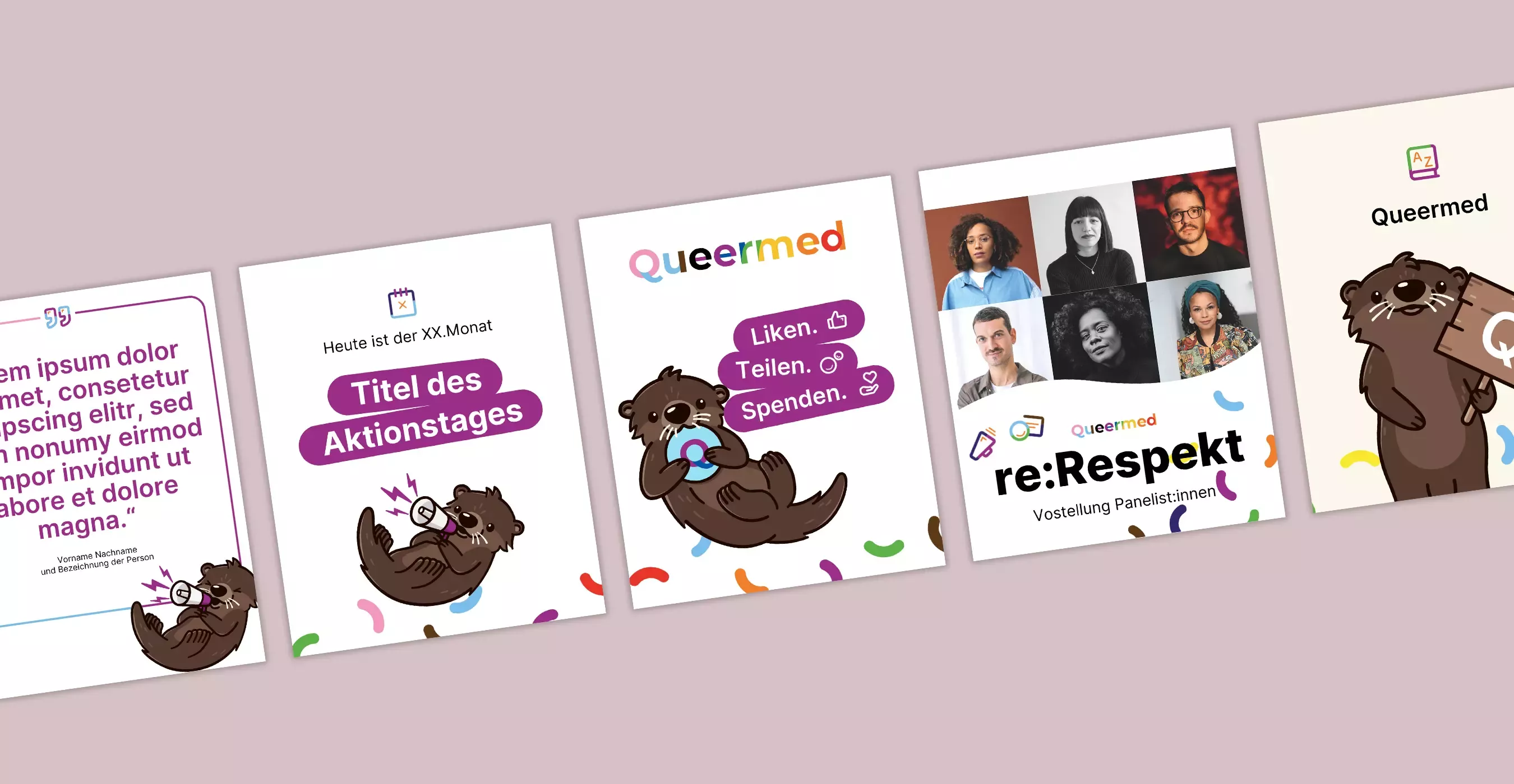 Mehrere bunte Social-Media-Kacheln mit Otter-Illustrationen, Texten zu Aktionstag, Spendenaufruf und Panel-Vorstellung re:Respekt