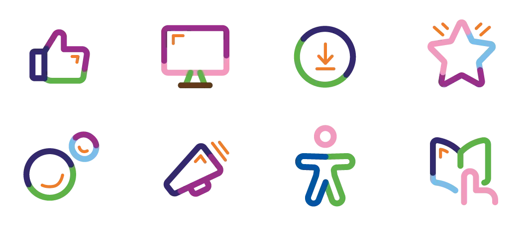 Colorful icons, including thumbs up, monitor, download circle, star, speech bubbles, megaphone, person icon, and open book