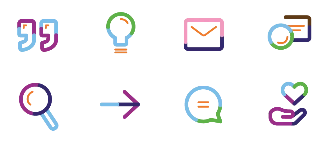 Colorful icons, including quotation marks, light bulb, envelope, screen, magnifying glass, arrow, speech bubble, and hand with heart