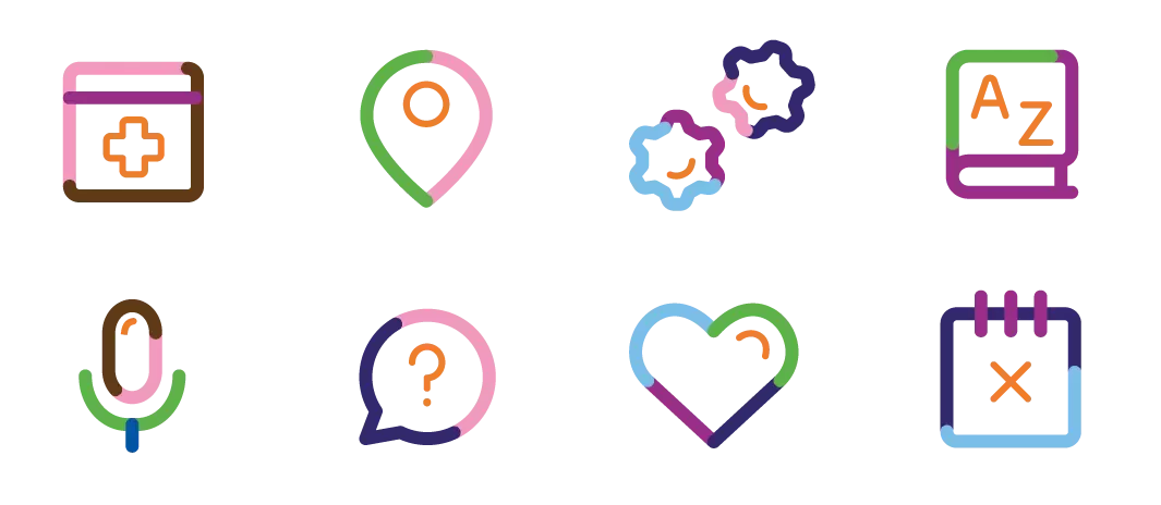 Colorful icons, including first aid kit, location pin, gears, dictionary, microphone, speech bubble with question mark, heart, and calendar