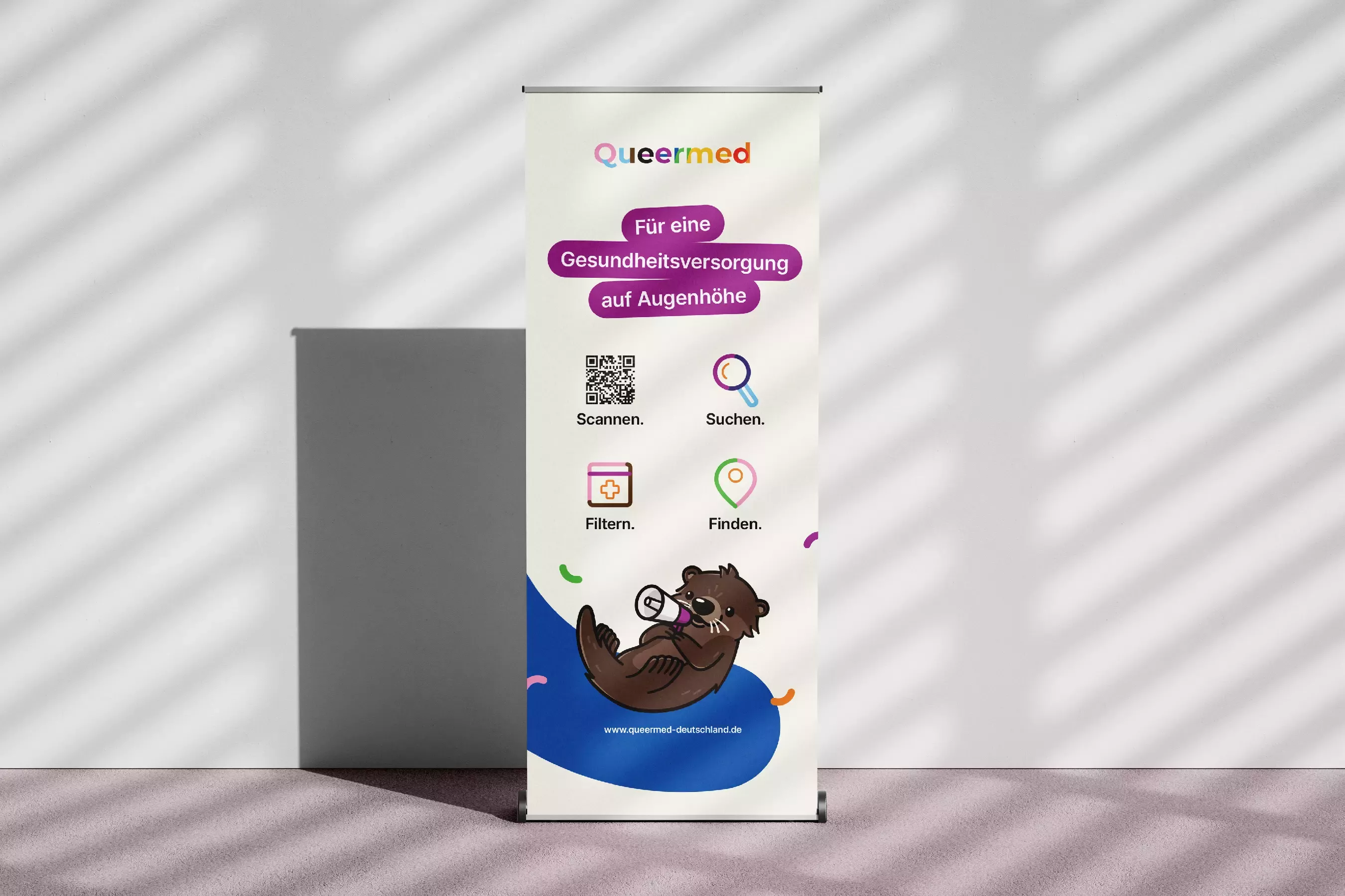 Roll-up banner with Queermed logo, otter illustration, and text \