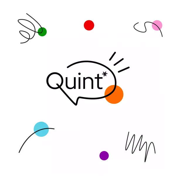 Quint* logo in a speech bubble with an orange dot behind it, surrounded by line illustrations with dots in different colors