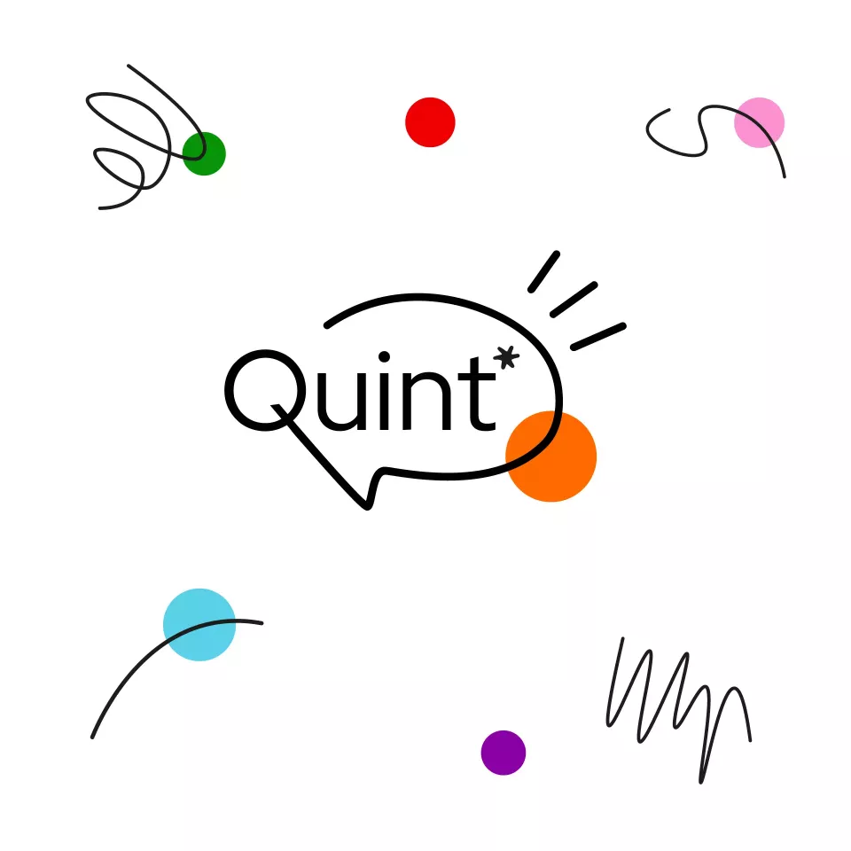 Quint* logo in a speech bubble with an orange dot behind it, surrounded by line illustrations with dots in different colors