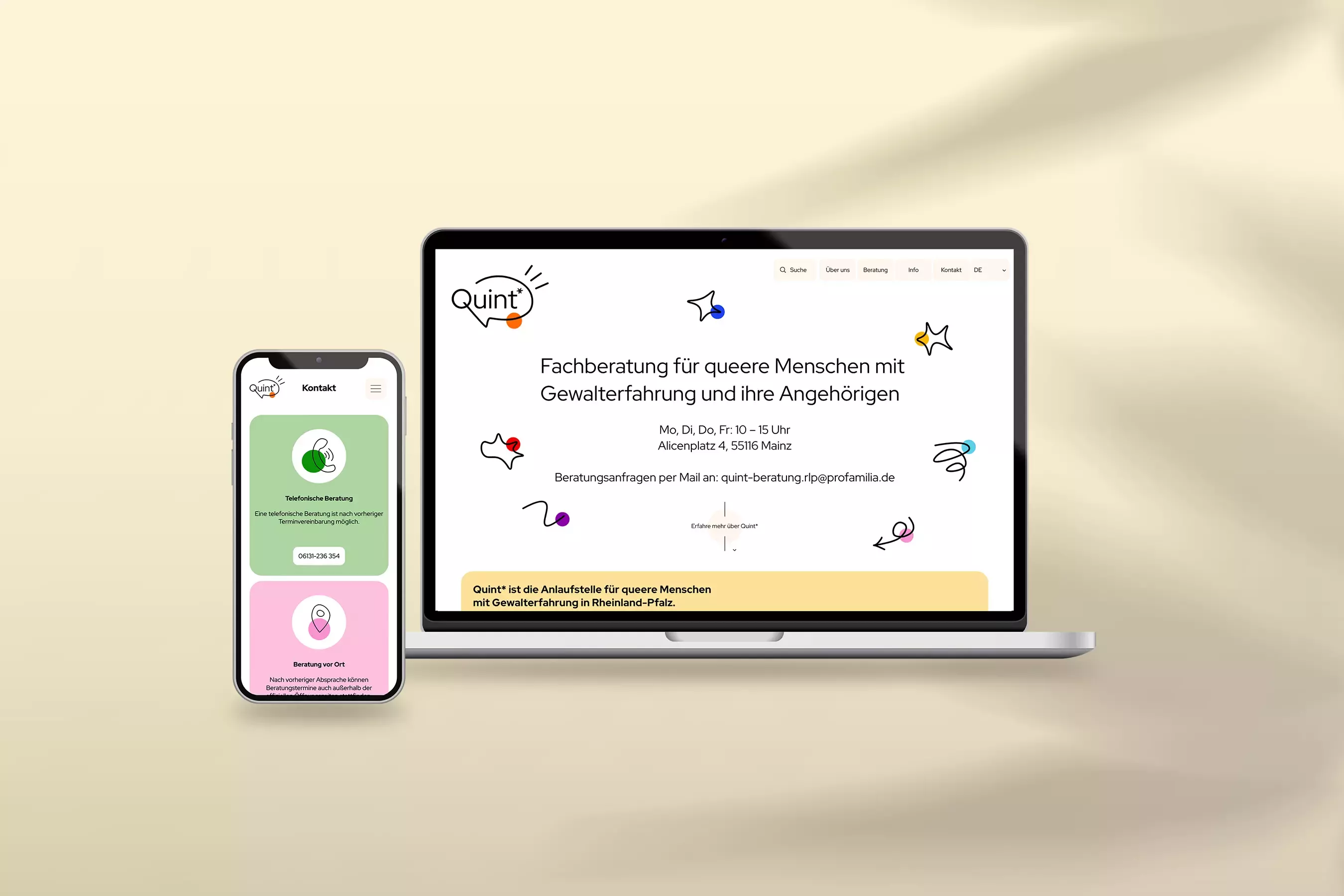 Smartphone and laptop displaying the Quint website offering specialist counseling for queer people who have experienced violence and their relatives