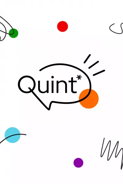 Logo „Quint*“ in einer Sprechblase mit orangenem Punkt dahinter, umgeben von Linien-Illustrationen mit verschiedenfarbigen Punkten