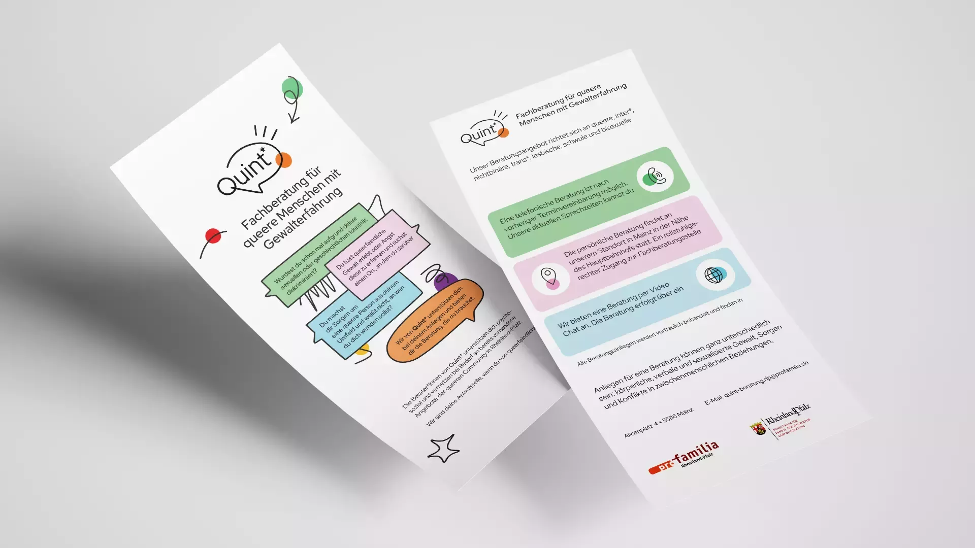 Flyer der Quint-Fachberatung mit Logo, bunten Illustrationen und Infos zu Beratungsangeboten