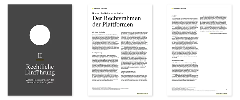 Double page spread from a publication featuring an interview: on the left, the cover page of „Rechtliche Einführung“ (Legal Introduction) in gray with a white circle on the cover; on the right, text pages about the legal framework of the platforms.