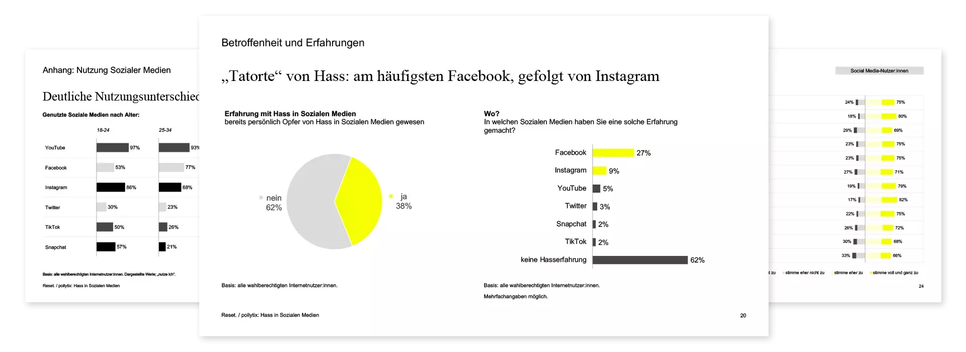 Mehrere Screenshots der Reset Webseite mit Diagrammen und Text zu Erfahrungen mit Hass in sozialen Medien, Nutzung nach Alter und betroffenen Plattformen wie Facebook und Instagram in Schwarz, Weiß und Gelb gestaltet