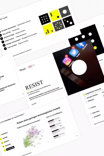 Several screenshots of the Reset website on the topic of disinformation, with text, graphics, and symbols designed in black, white, and yellow