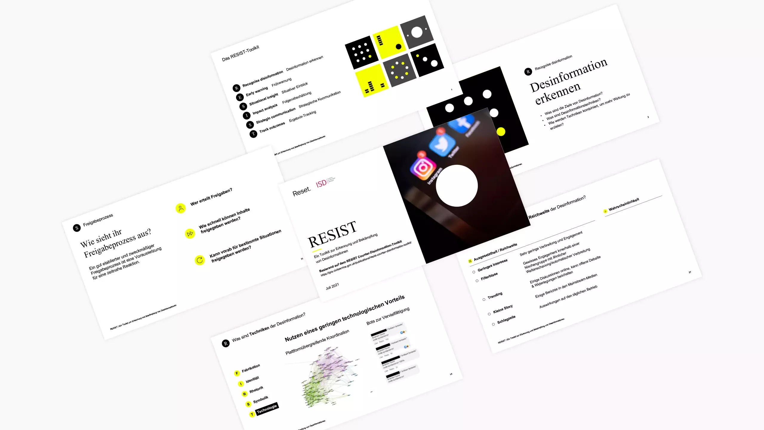 Mehrere Screenshots der Reset Webseite zum Thema Desinformation, mit Texten, Grafiken und Symbolen in Schwarz, Weiß und Gelb gestaltet